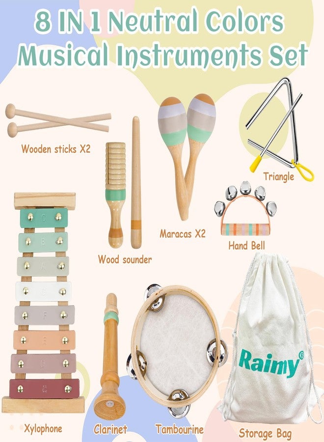 Raimy Musical Instruments Set - Neutral Colors Wooden Montessori Toys Percussion Music Modern Boho Xylophone Birthday Gifts for 1 2 3 Year Old Kids Baby Toddlers Boys Girls 3+ with Storage Bag - Image 3